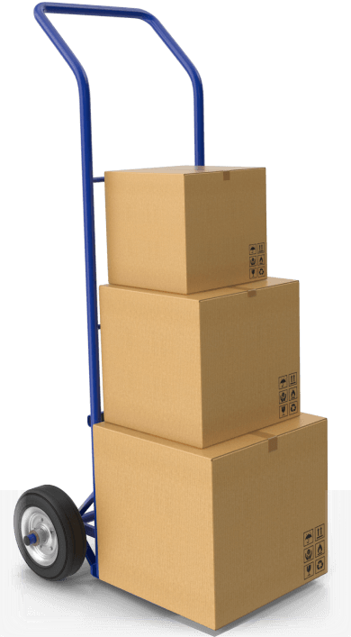 Operadores logisticos - Carretilla manual azul con tres cajas apiladas