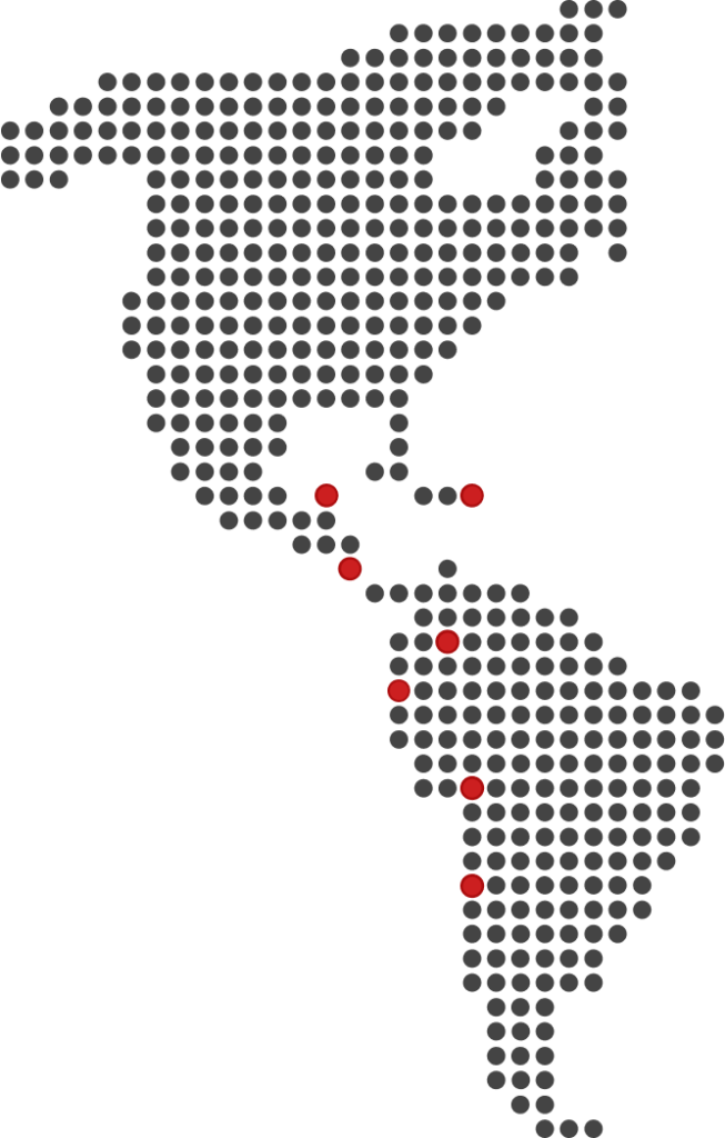 Ingeniería logística- Mapa estilizado de América con puntos rojos marcando ubicaciones clave en varios países